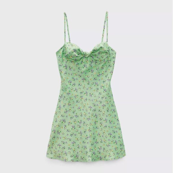 Zara Spaghetti Strap Green Mini Dress Size Medium NWOT - Picture 2 of 16